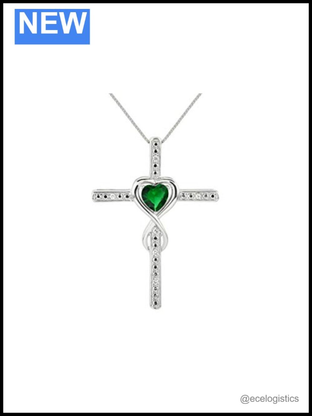 Heart Gemstone & Diamond Cross Necklace Sterling Silver 18" Chain